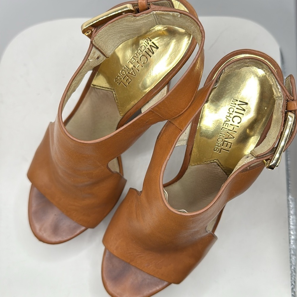 Michael Kors Tan Leather Wedge Sandals - Picture 3 of 9
